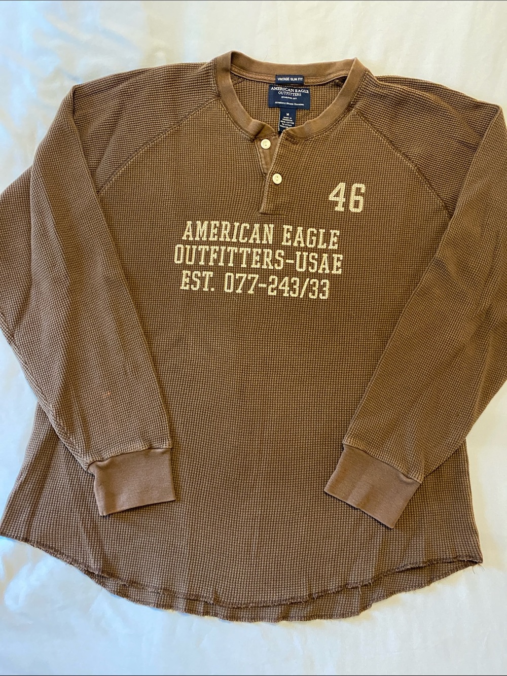Vintage Y2K American Eagle Outfitters Brown Crewneck Waffle Henley Sweatshirt